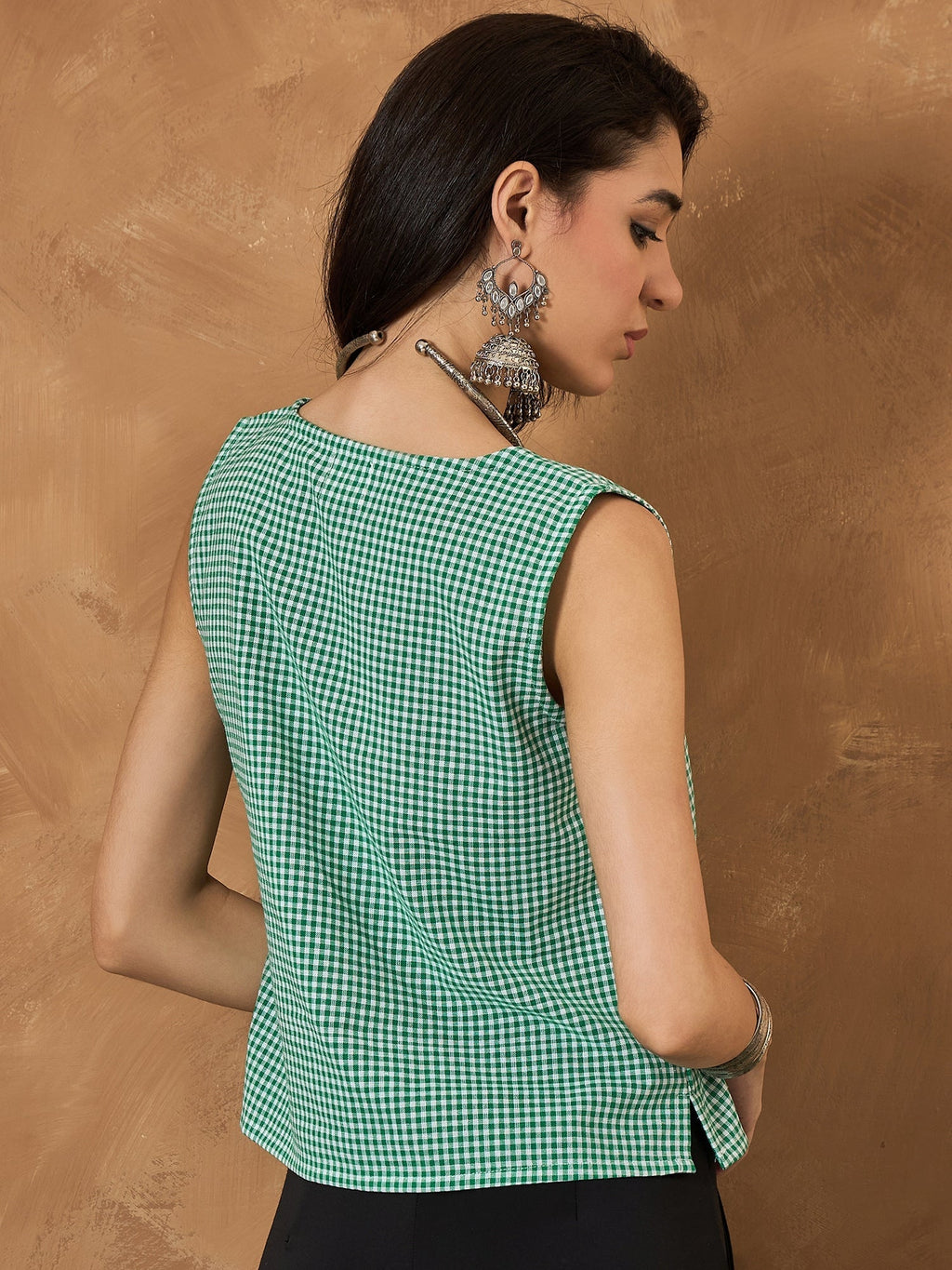 InWeave Green Small Check Sleeveless Top
