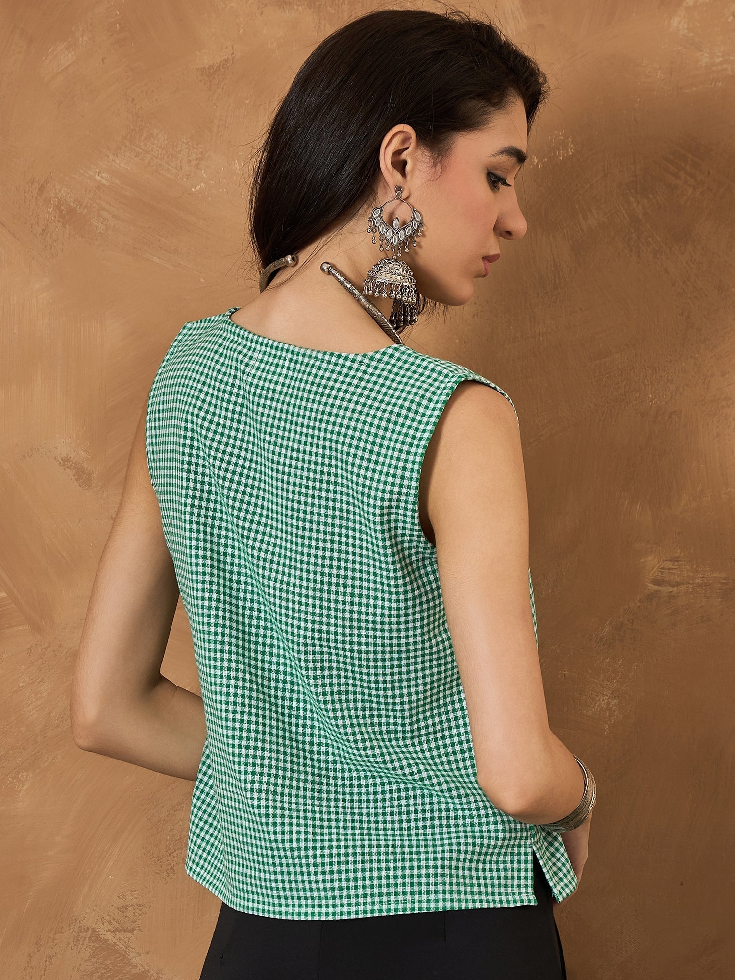 InWeave Green Small Check Sleeveless Top