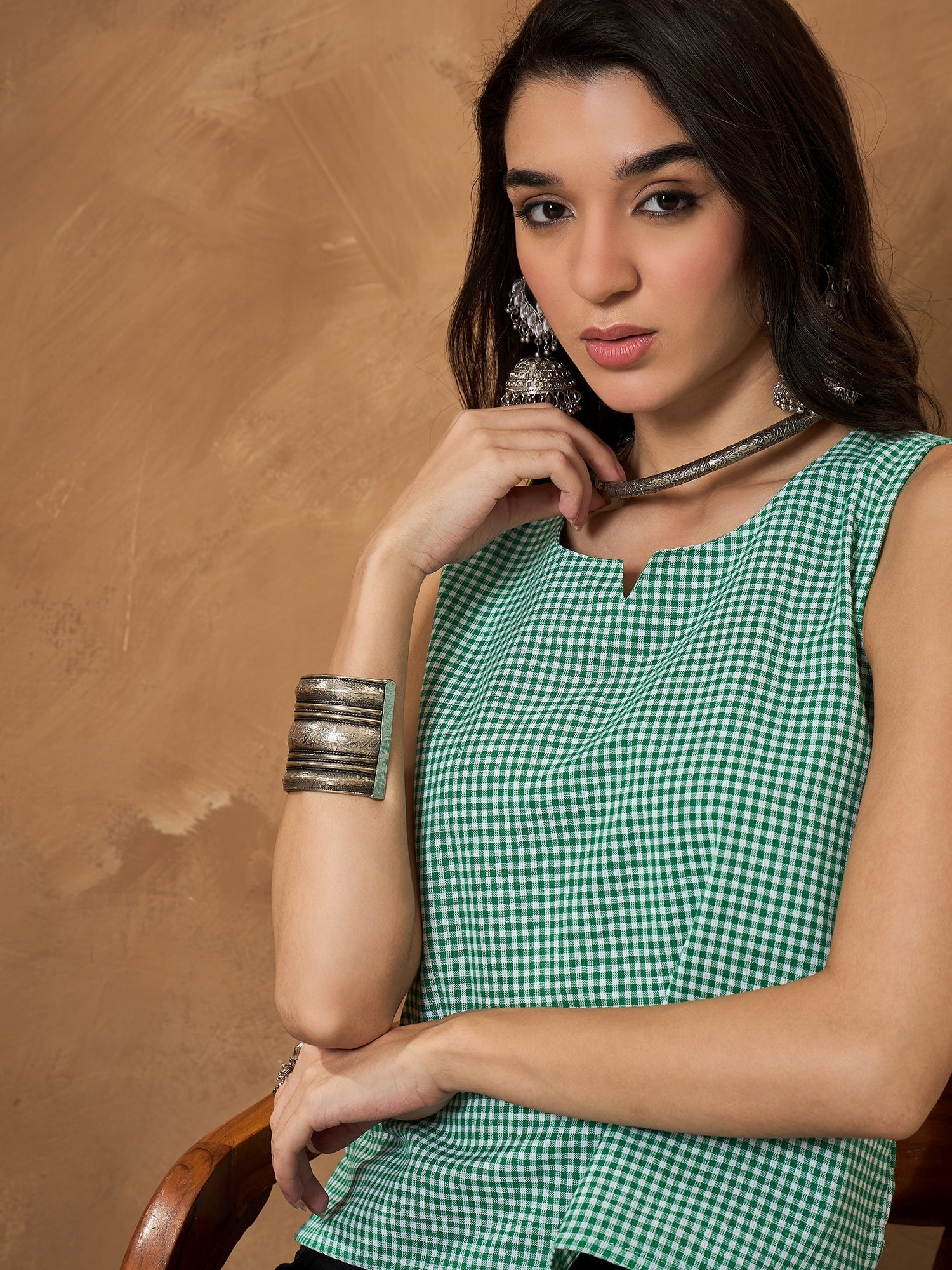 InWeave Green Small Check Sleeveless Top