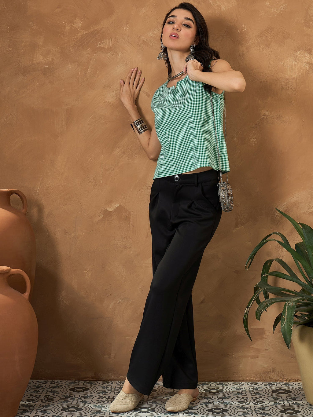 InWeave Green Small Check Sleeveless Top