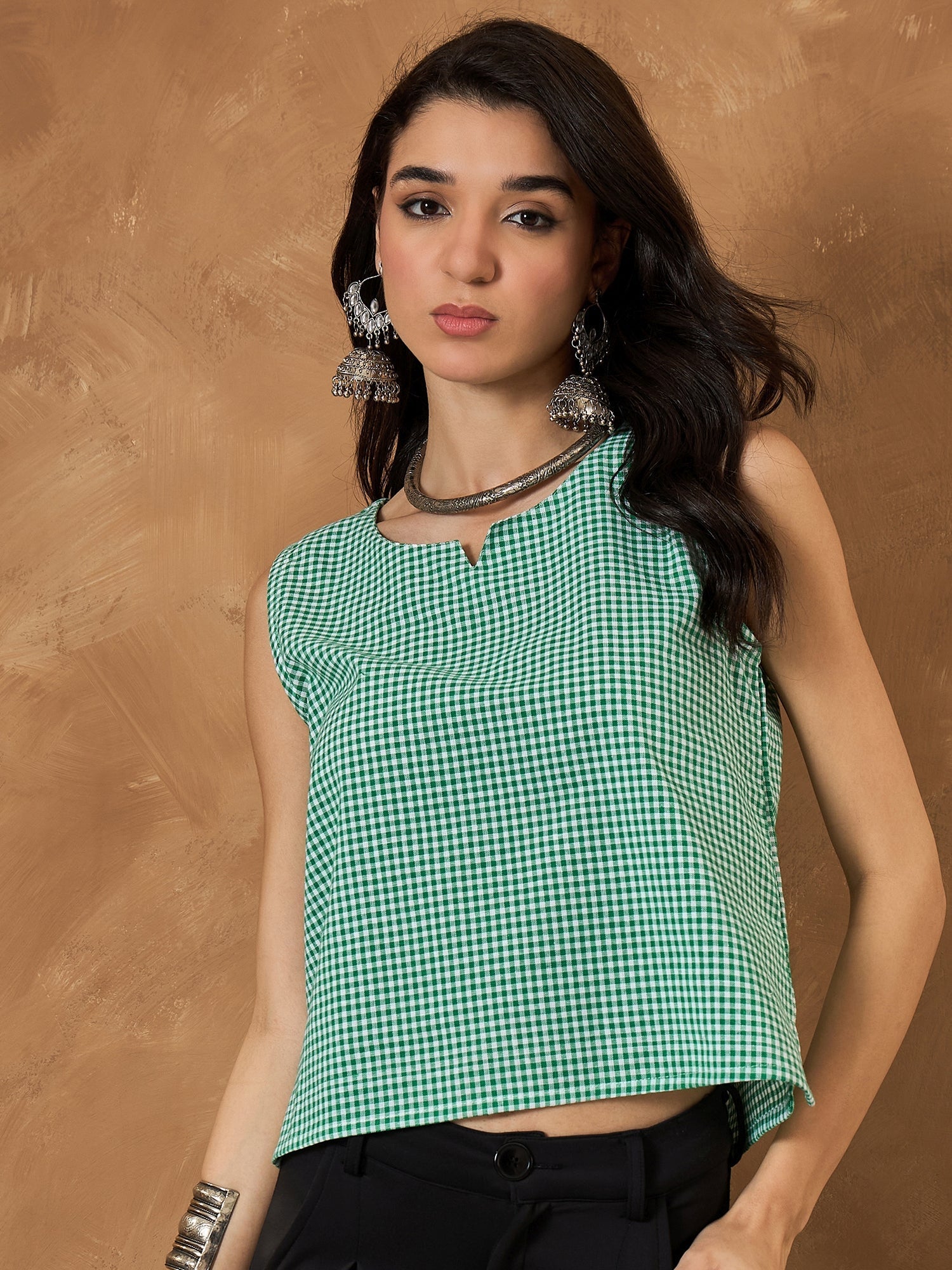 InWeave Green Small Check Sleeveless Top
