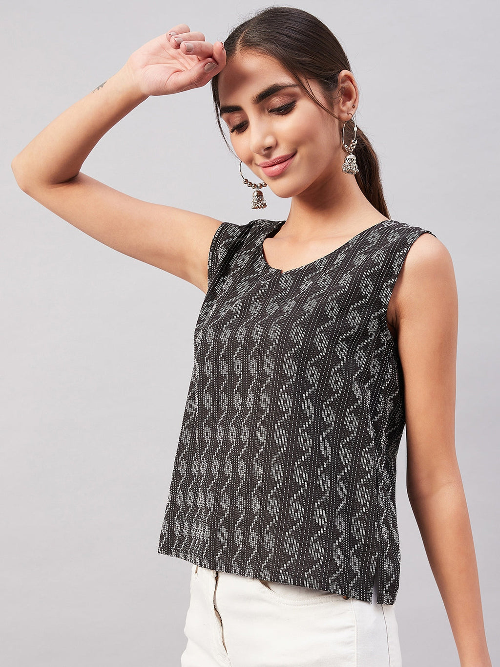 InWeave Black Kantha Ikkat Print W/U Top