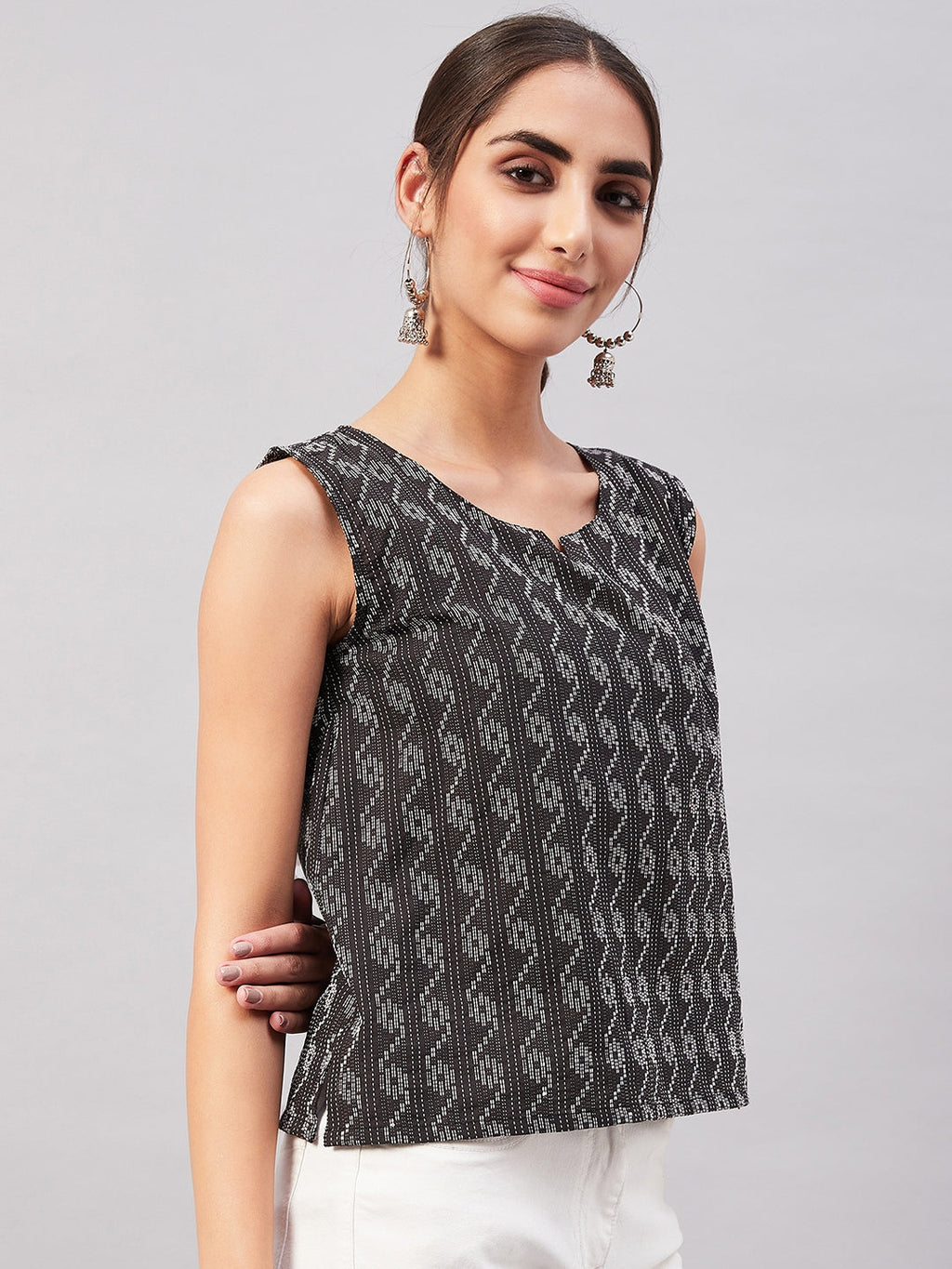 InWeave Black Kantha Ikkat Print W/U Top