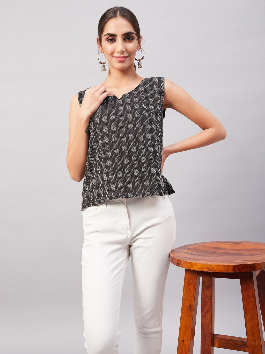 InWeave Black Kantha Ikkat Print W/U Top