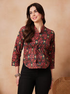 InWeave Coral Red Abstract Printed Shawl Neck Top