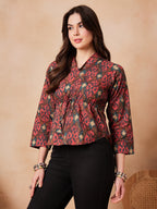 InWeave Coral Red Abstract Printed Shawl Neck Top