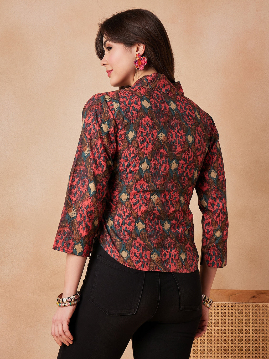 InWeave Coral Red Abstract Printed Shawl Neck Top