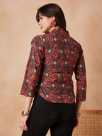 InWeave Coral Red Abstract Printed Shawl Neck Top