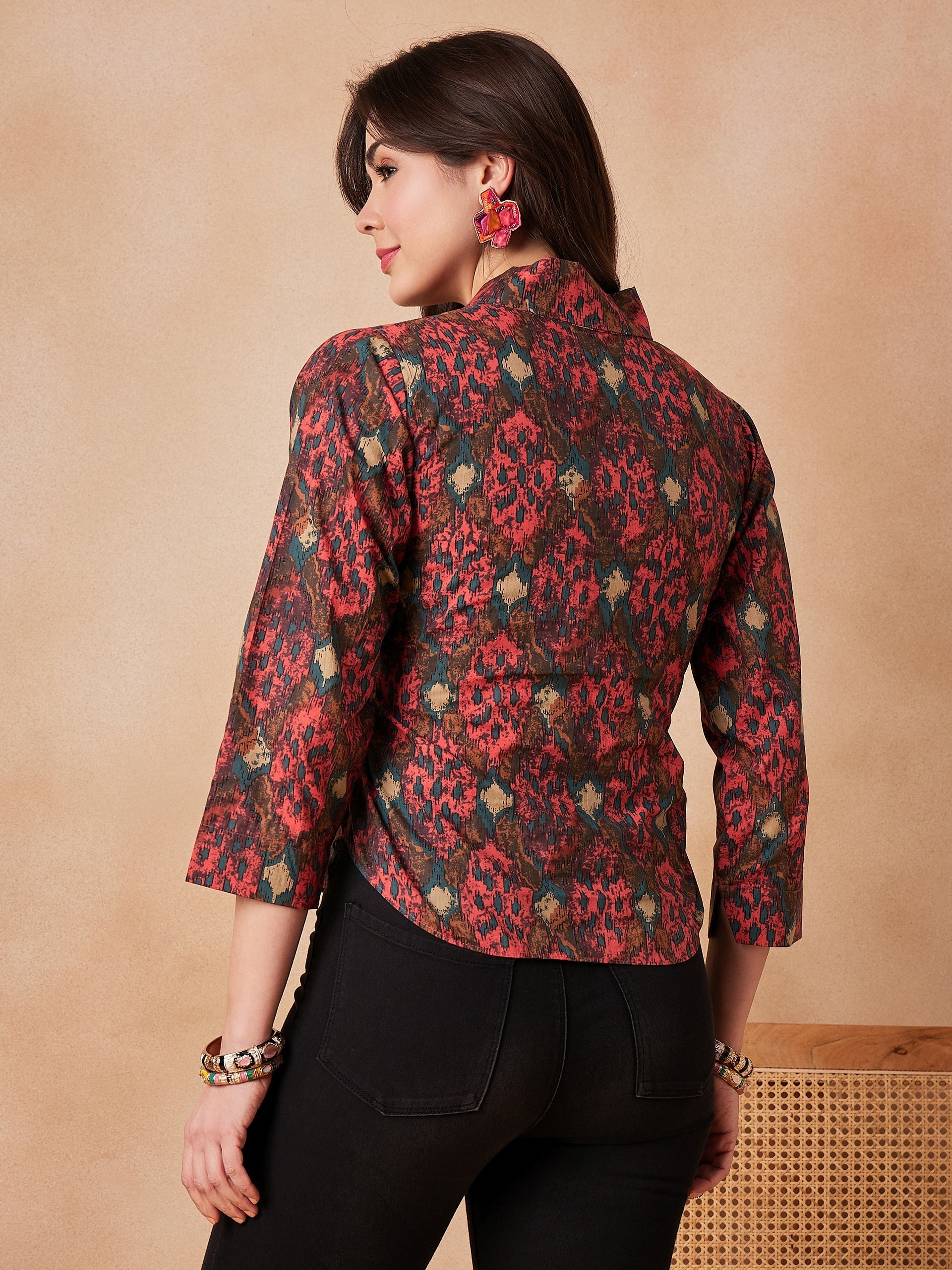 InWeave Coral Red Abstract Printed Shawl Neck Top