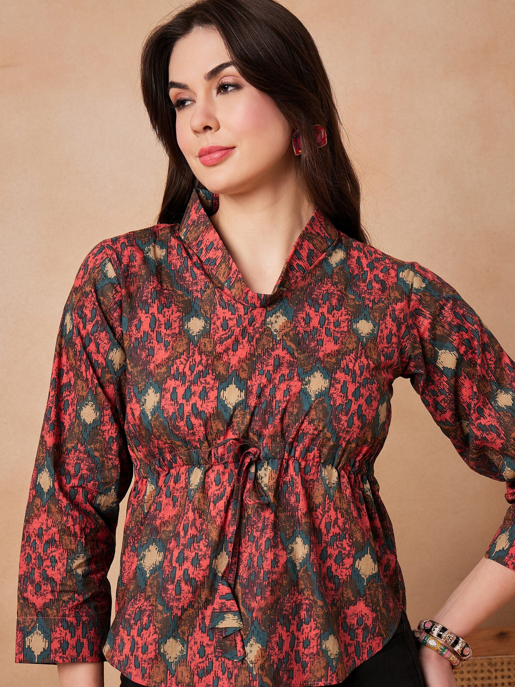 InWeave Coral Red Abstract Printed Shawl Neck Top