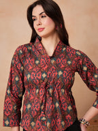 InWeave Coral Red Abstract Printed Shawl Neck Top