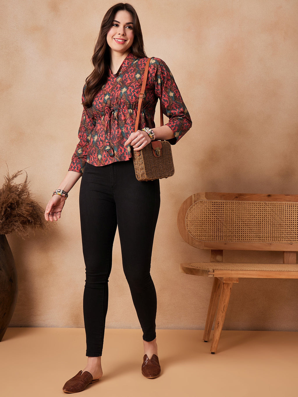 InWeave Coral Red Abstract Printed Shawl Neck Top
