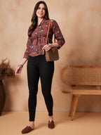 InWeave Coral Red Abstract Printed Shawl Neck Top