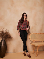 InWeave Coral Red Abstract Printed Shawl Neck Top