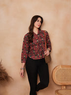 InWeave Coral Red Abstract Printed Shawl Neck Top