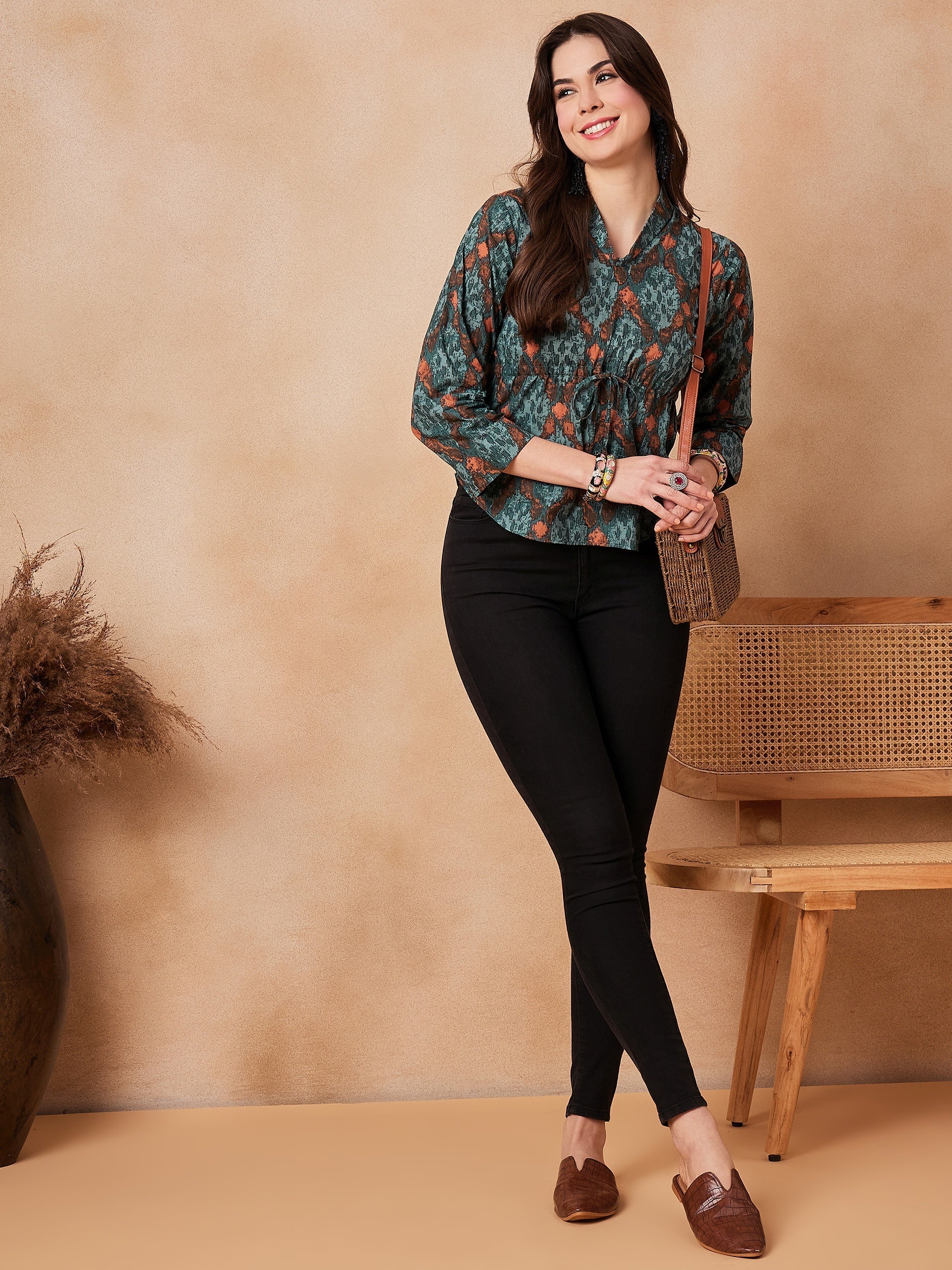 InWeave Aqua Pearl Shawl Neck Top