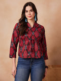 InWeave Red Abstract Printed Shawl Neck Top