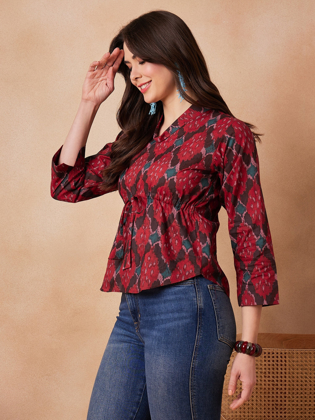 InWeave Red Abstract Printed Shawl Neck Top