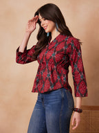 InWeave Red Abstract Printed Shawl Neck Top