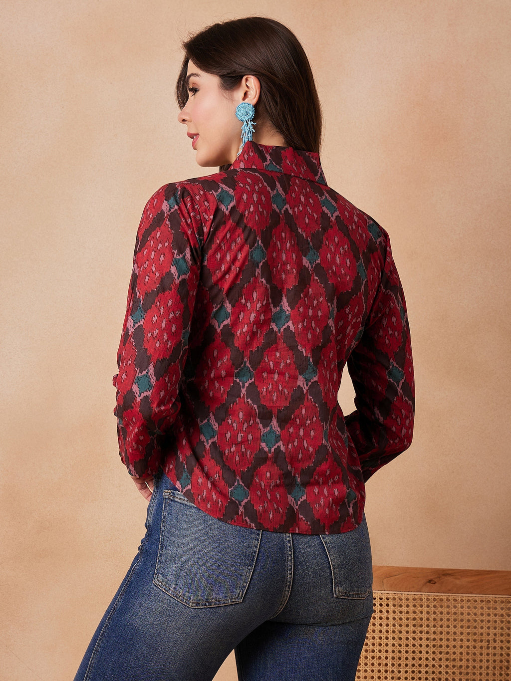 InWeave Red Abstract Printed Shawl Neck Top
