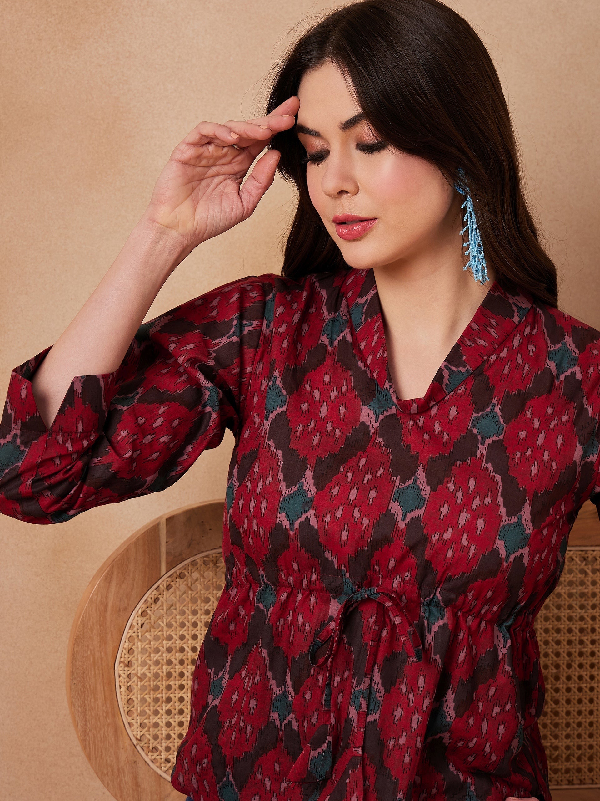 InWeave Red Abstract Printed Shawl Neck Top