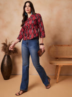 InWeave Red Abstract Printed Shawl Neck Top