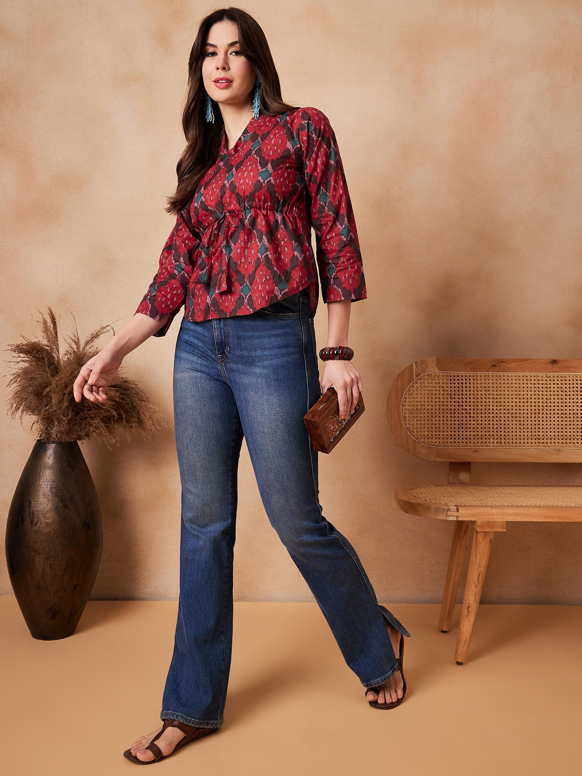 InWeave Red Abstract Printed Shawl Neck Top