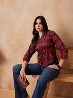 InWeave Red Abstract Printed Shawl Neck Top