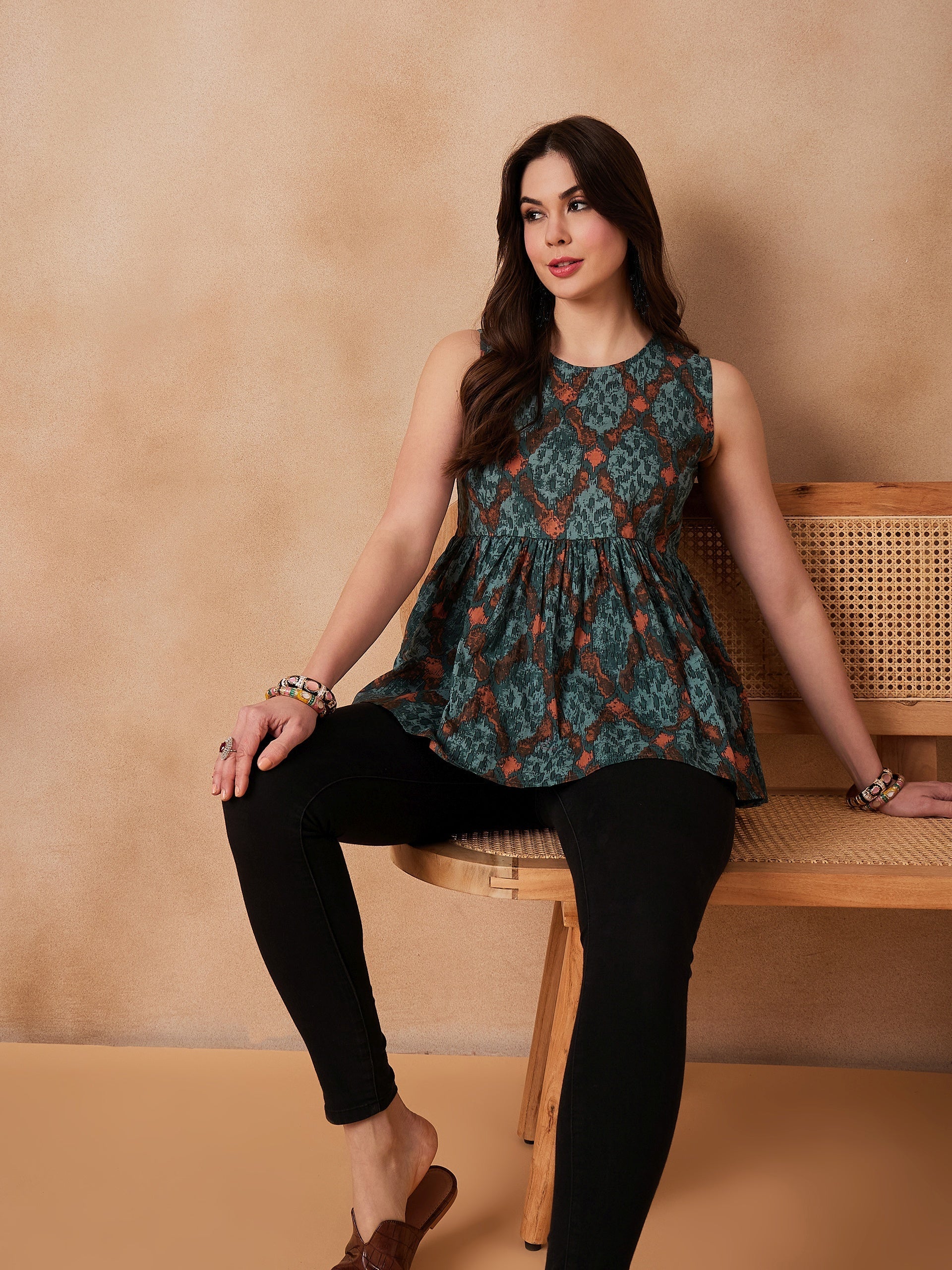 InWeave Aqua Pearl Abstract Printed Round Neck Top