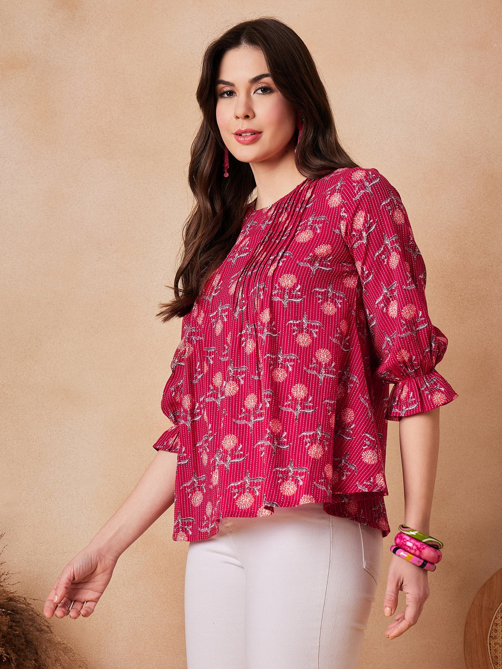 InWeave Red Kantha Floral Print Front Pintex Top