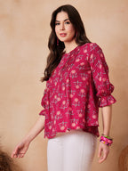 InWeave Red Kantha Floral Print Front Pintex Top