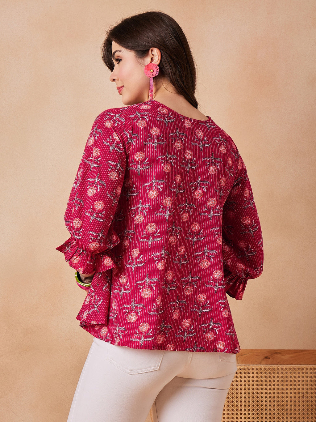 InWeave Red Kantha Floral Print Front Pintex Top