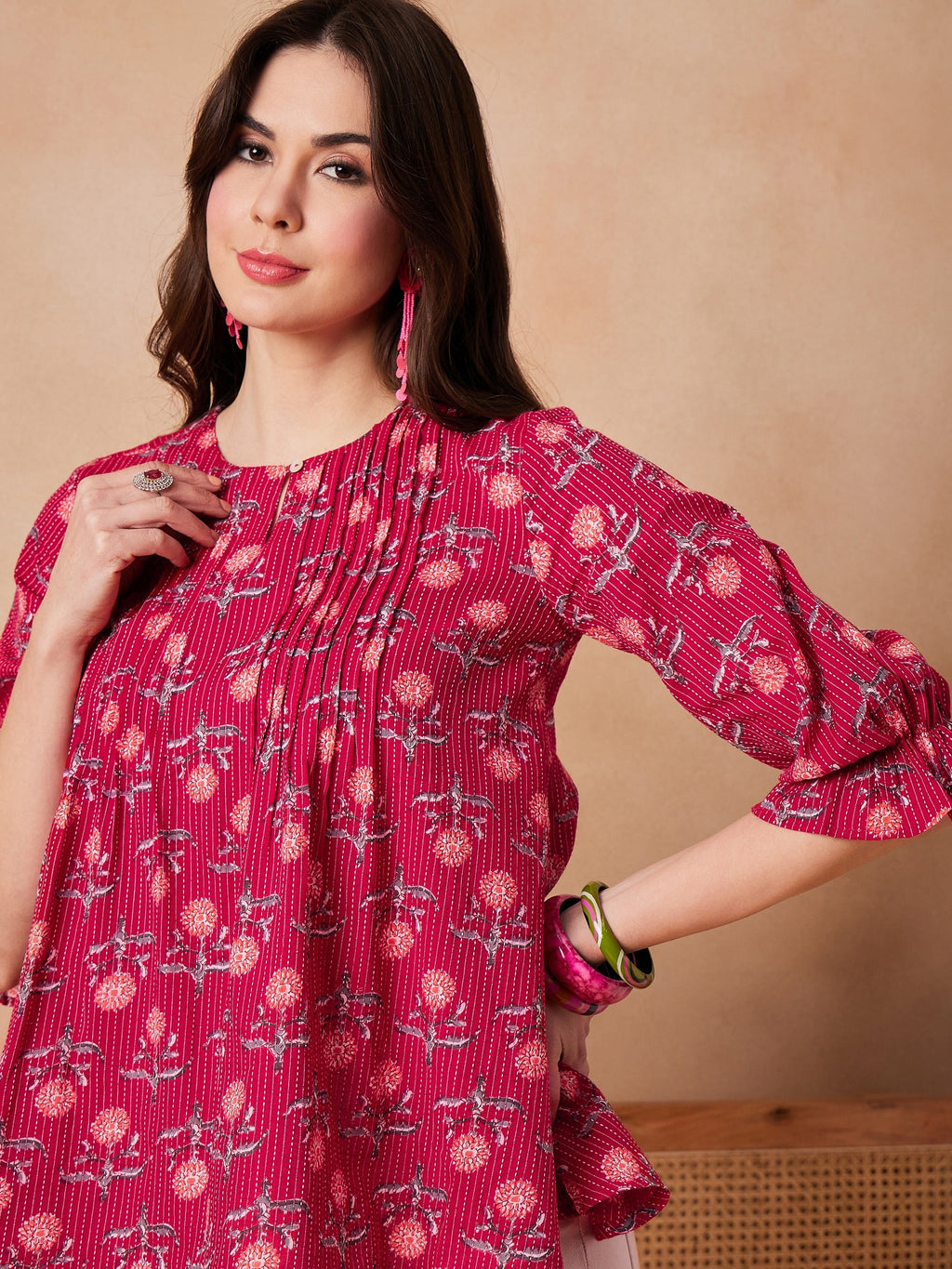 InWeave Red Kantha Floral Print Front Pintex Top