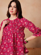 InWeave Red Kantha Floral Print Front Pintex Top
