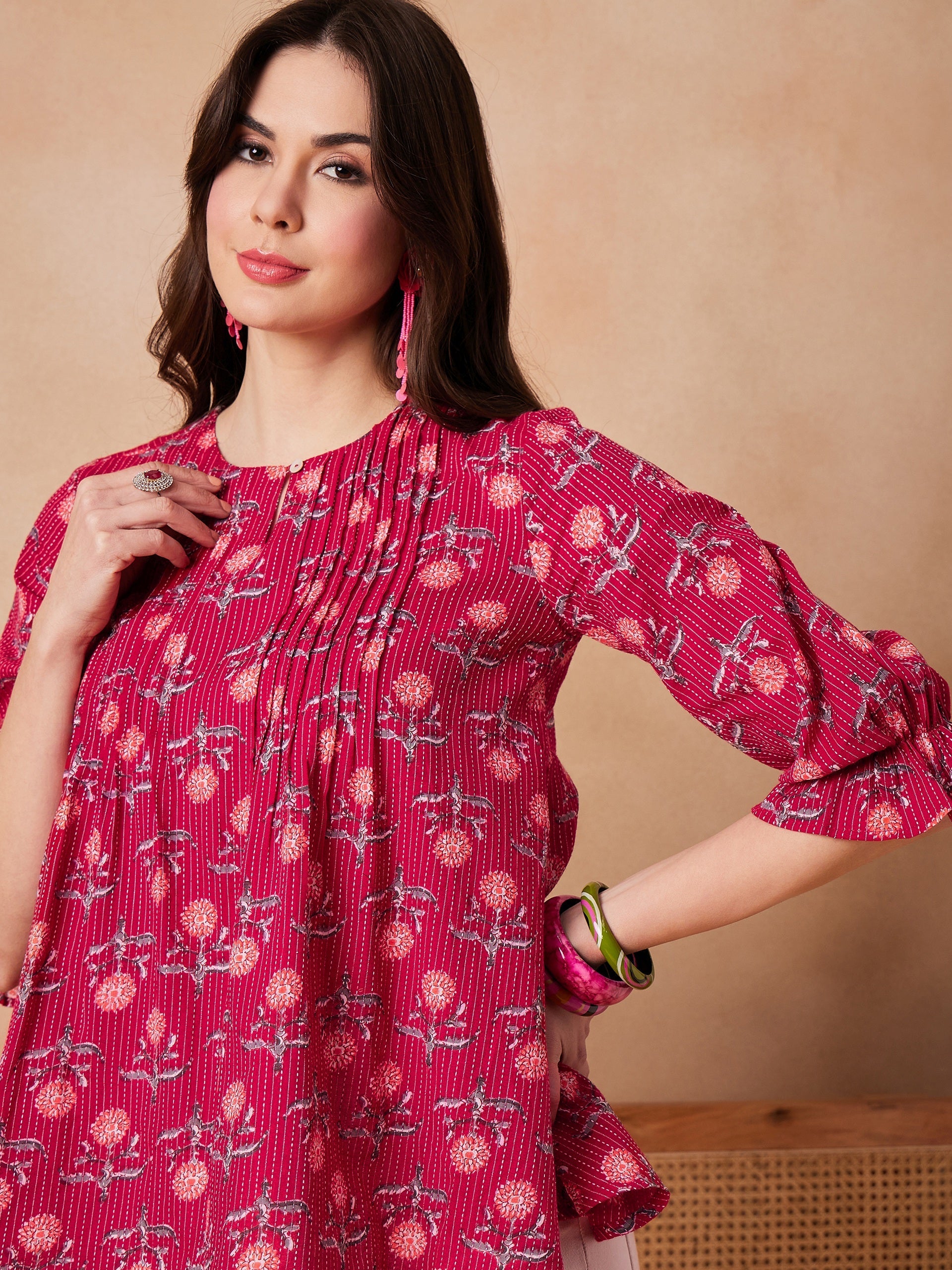 InWeave Red Kantha Floral Print Front Pintex Top