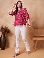 InWeave Red Kantha Floral Print Front Pintex Top