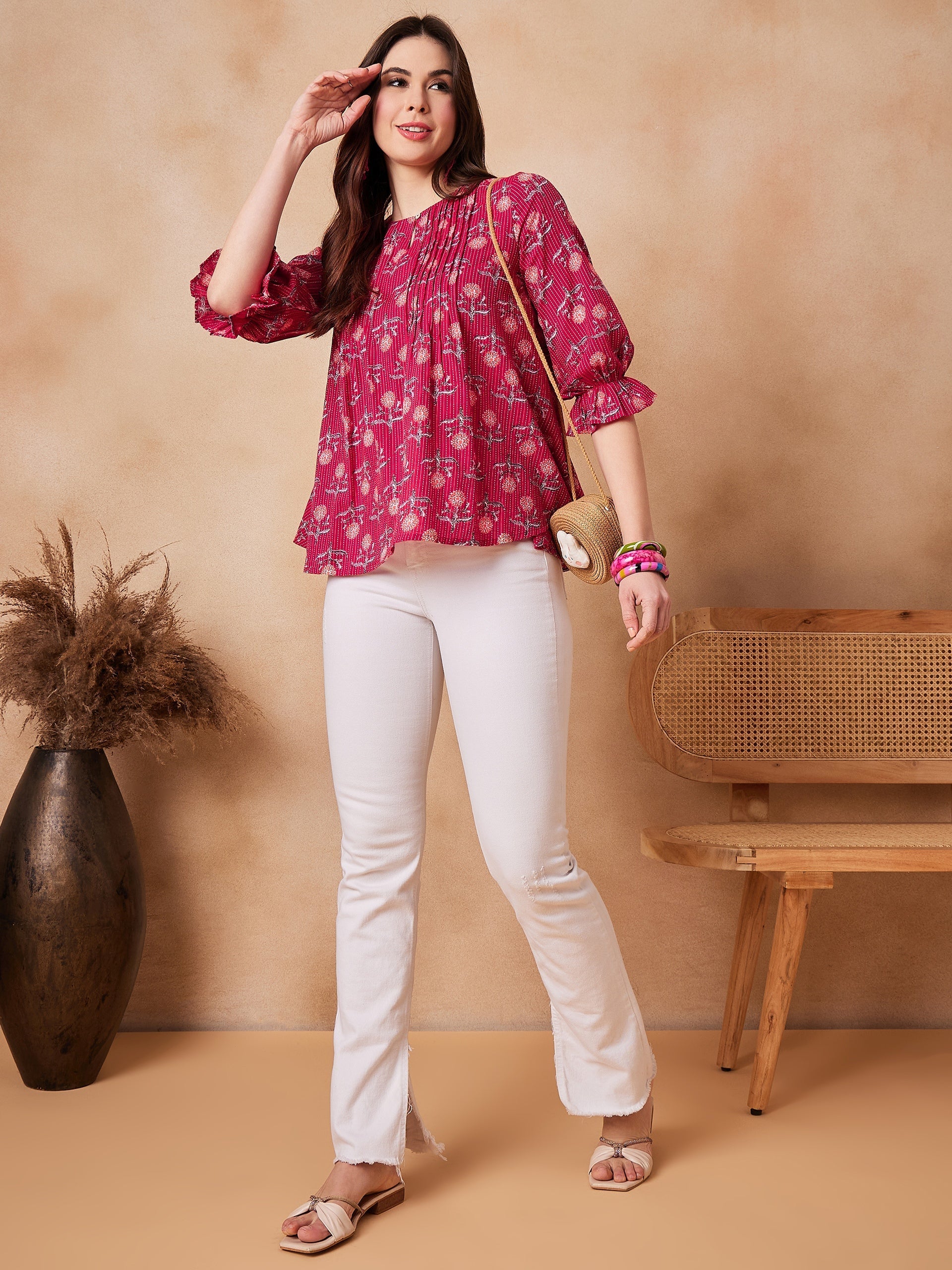 InWeave Red Kantha Floral Print Front Pintex Top