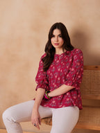 InWeave Red Kantha Floral Print Front Pintex Top