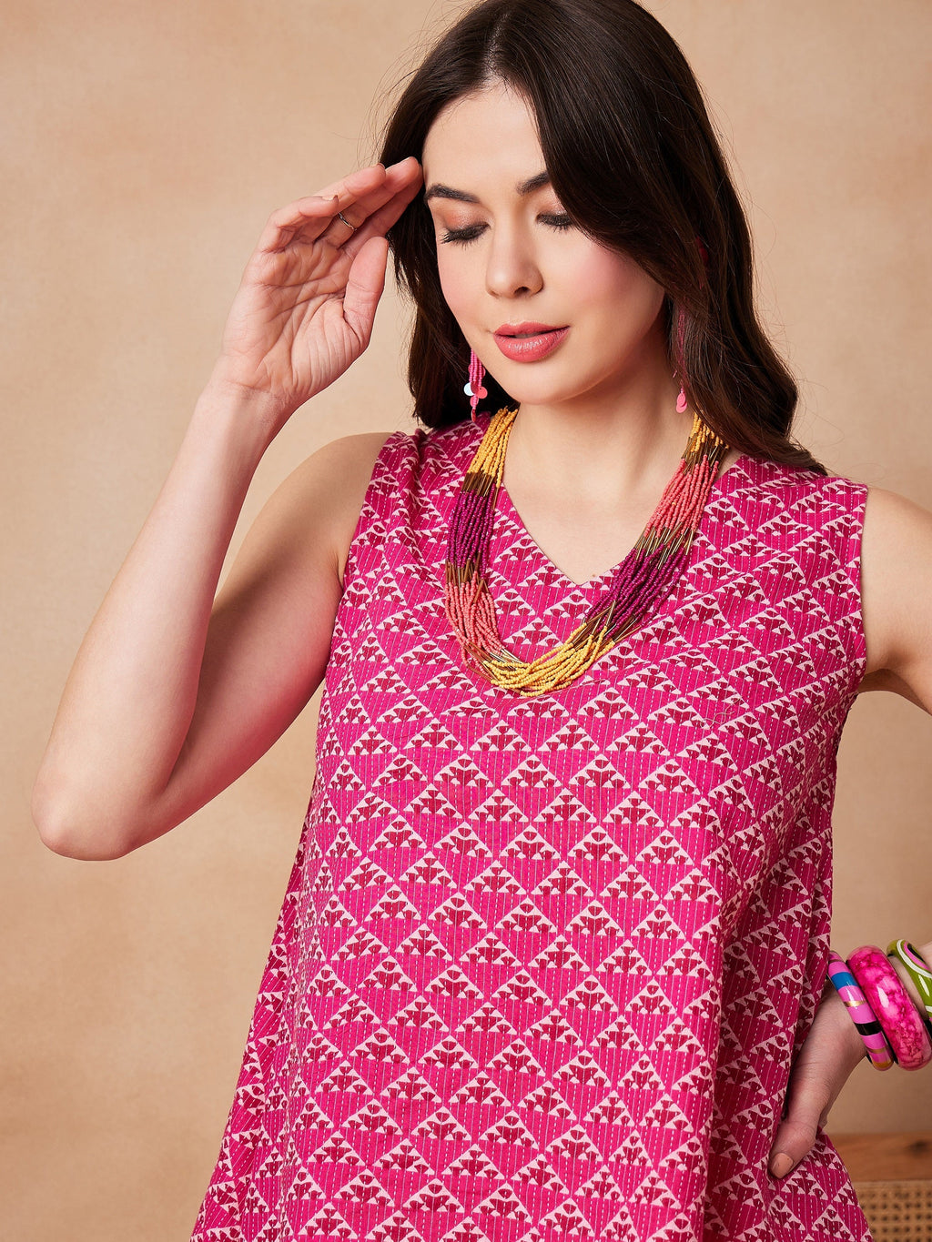 InWeave Pink Pyramid Kantha High Low W/S Top