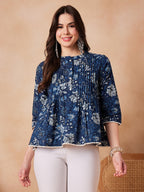 InWeave Indigo Floral Mandarin Neck Button Top