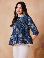 InWeave Indigo Floral Mandarin Neck Button Top