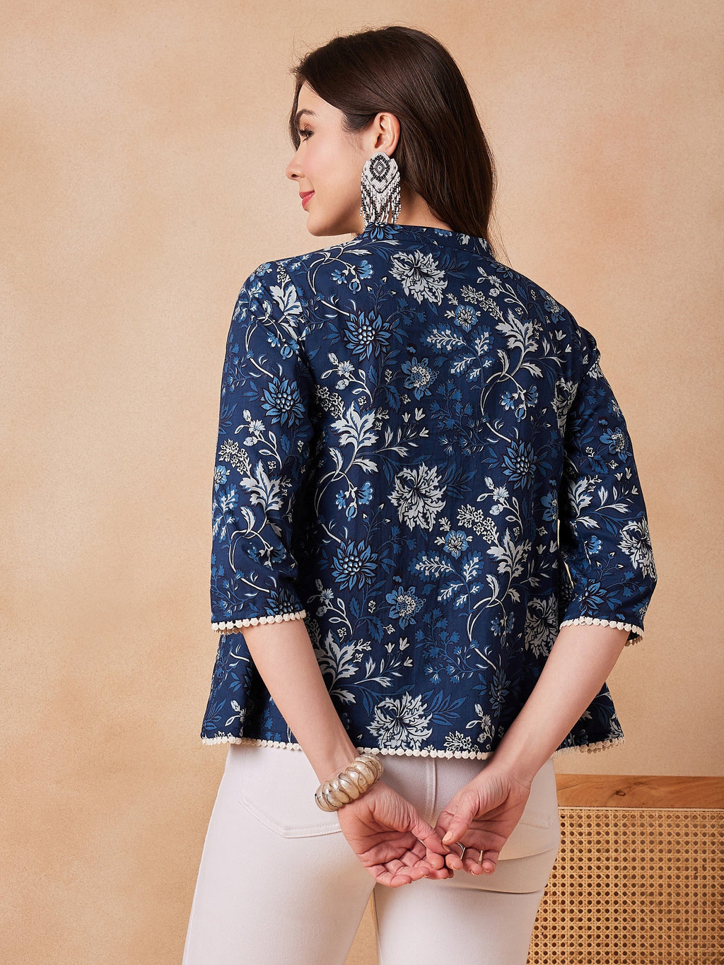 InWeave Indigo Floral Mandarin Neck Button Top