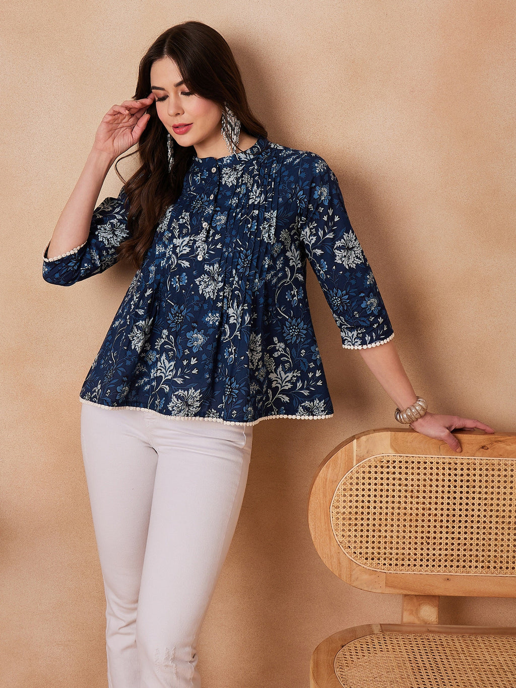 InWeave Indigo Floral Mandarin Neck Button Top