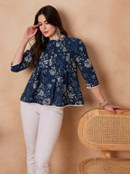 InWeave Indigo Floral Mandarin Neck Button Top