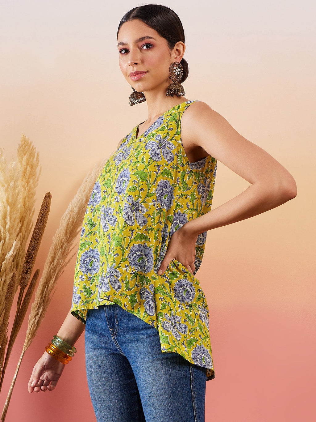 InWeave Sunset Yellow Floral Print V Neck W/S Top