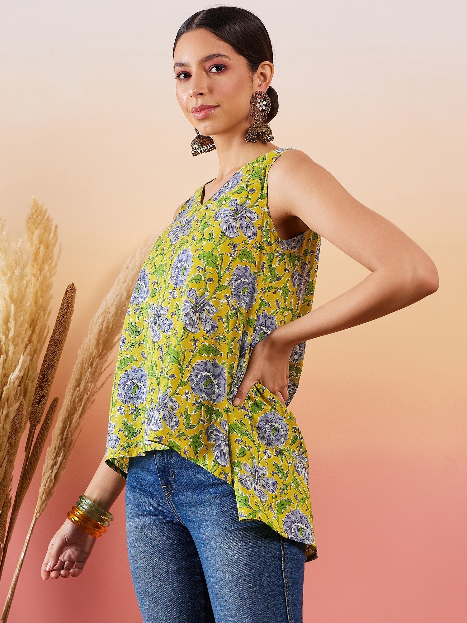 InWeave Sunset Yellow Floral Print V Neck W/S Top