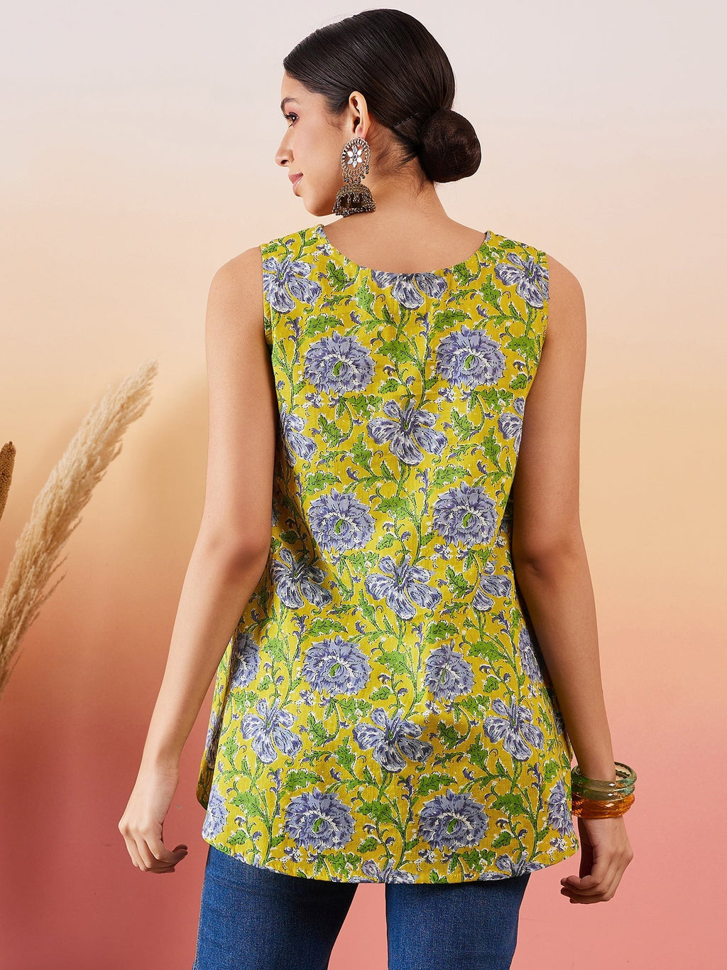 InWeave Sunset Yellow Floral Print V Neck W/S Top