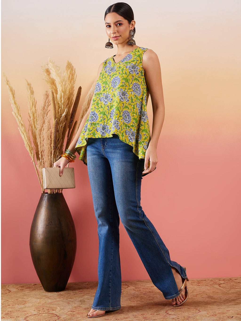 InWeave Sunset Yellow Floral Print V Neck W/S Top