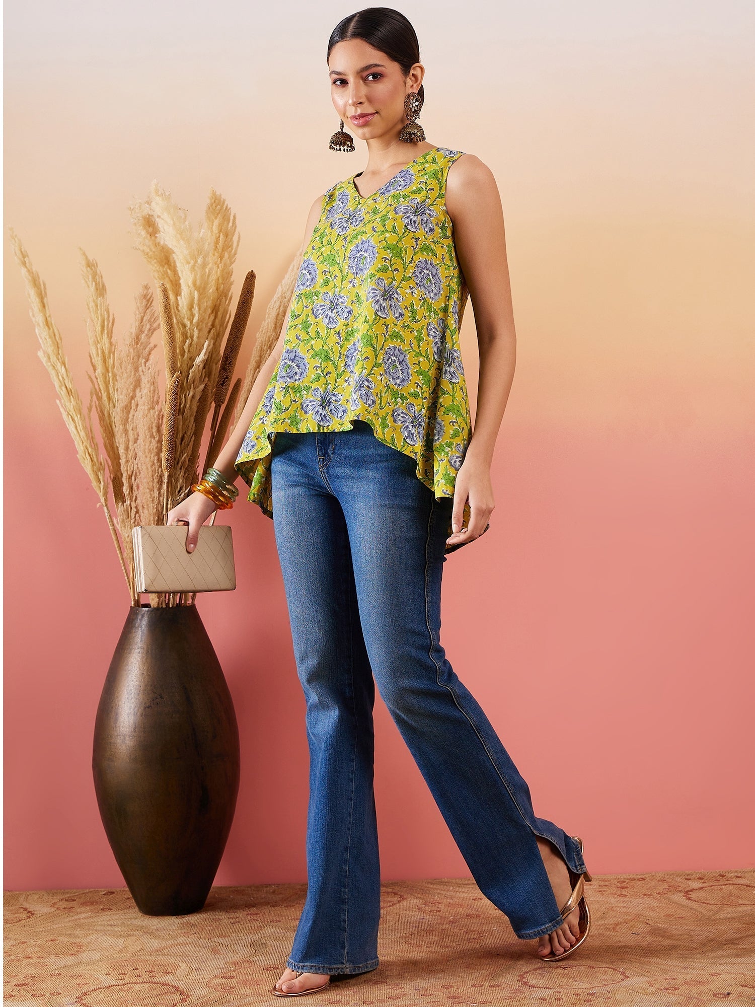 InWeave Sunset Yellow Floral Print V Neck W/S Top