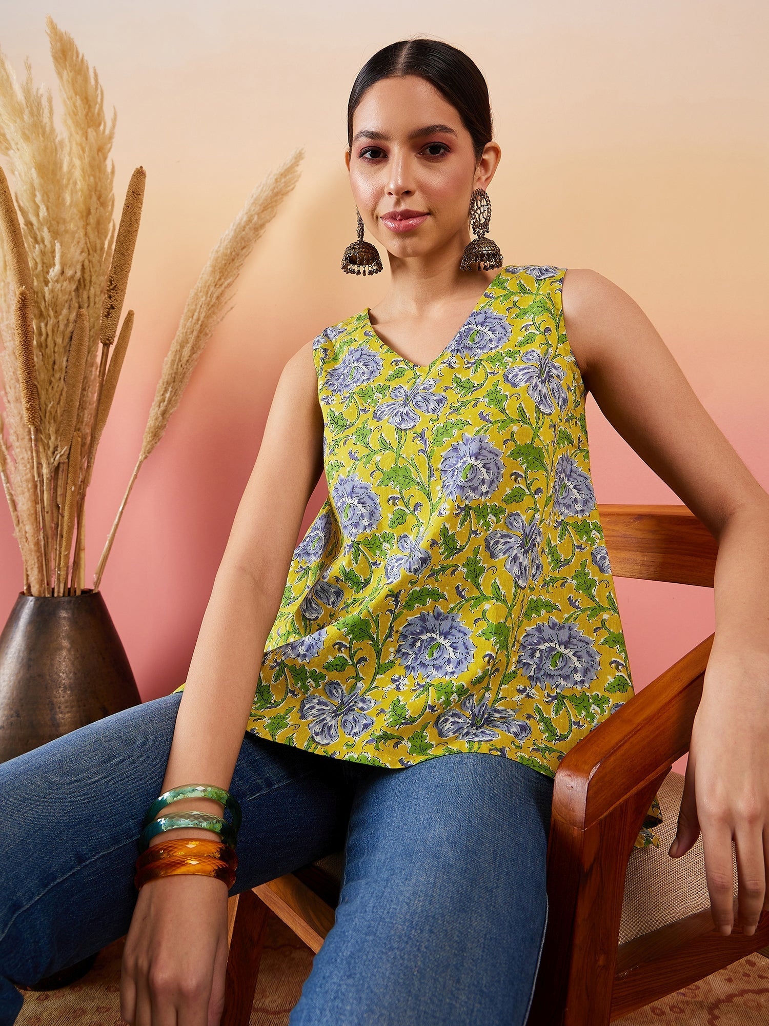 InWeave Sunset Yellow Floral Print V Neck W/S Top